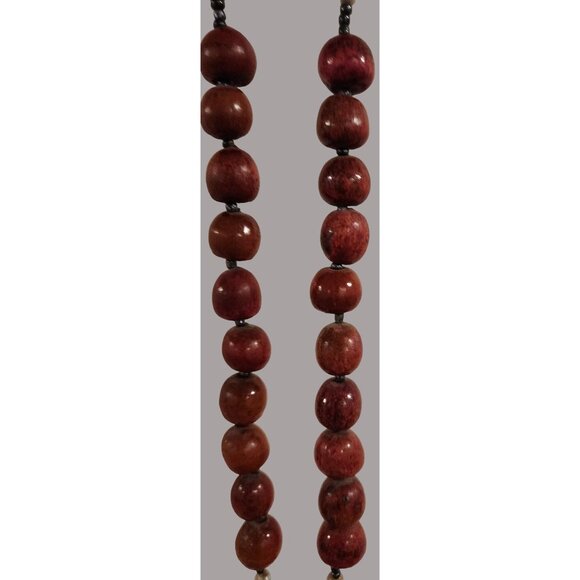 HUGE Handcrafted Wooden Rosary Necklace With Crucifix Red Beads & Yellow String - Picture 2 of 13